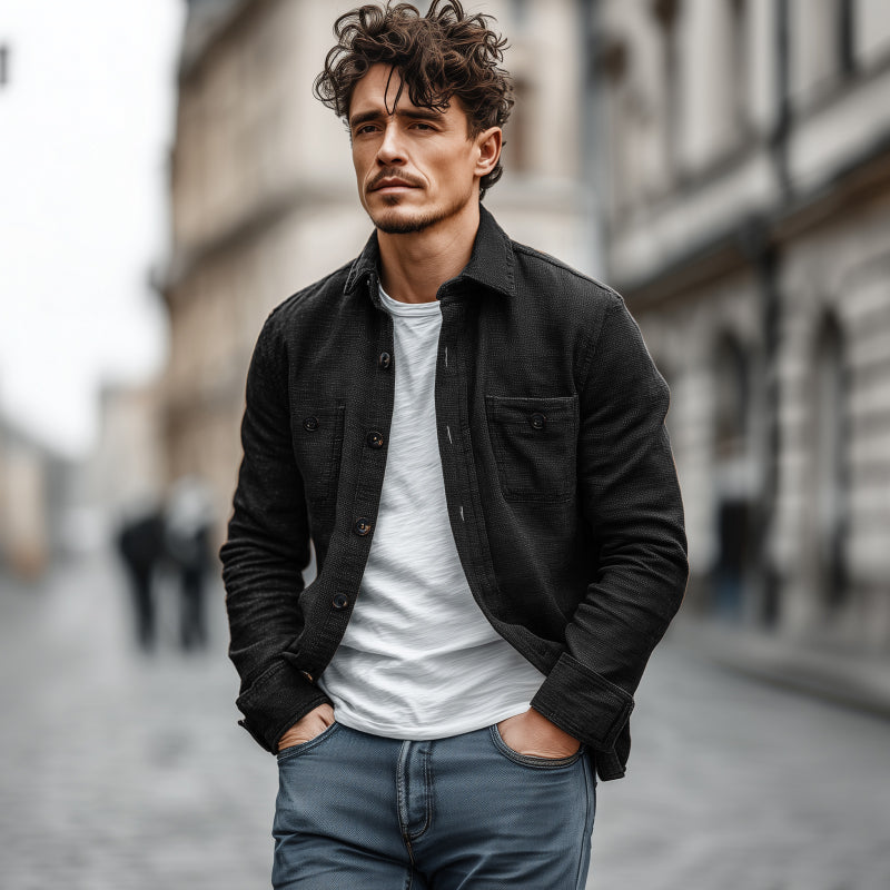 Sergio | Men'S Casual Solid Color Breathable Cotton Blended Lapel Chest Pocket Loose Long Sleeve Shirt