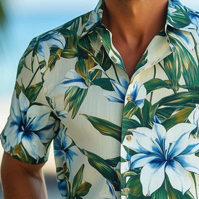 Sidney | Men'S Summer Beach Lily Print Short Sleeve Shirt