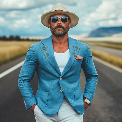 Patricio | Men'S Spring And Summer Casual American Western Tough Style Cactus Embroidered Blue Cotton And Linen Single-Breasted Blazer