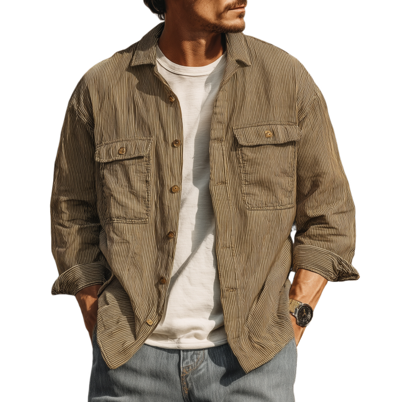 Nestor | Men'S Casual Breathable Cotton Striped Lapel Chest Pocket Loose Long Sleeve Shirt