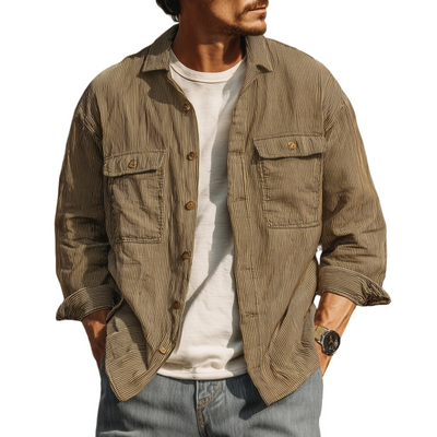 Nestor | Men'S Casual Breathable Cotton Striped Lapel Chest Pocket Loose Long Sleeve Shirt