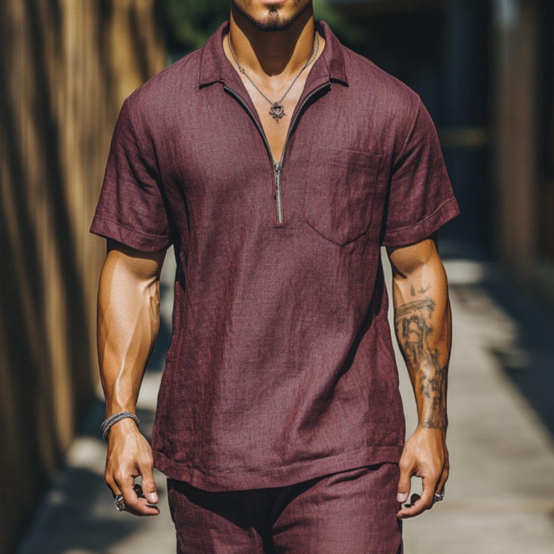 Hector | Men'S Casual Breathable Linen Zipper Lapel Patch Pocket Loose Short Sleeve Polo Shirt