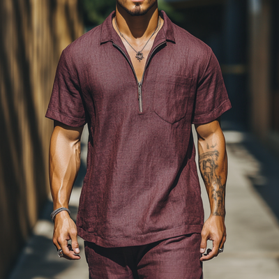 Hector | Men'S Casual Breathable Linen Zipper Lapel Patch Pocket Loose Short Sleeve Polo Shirt