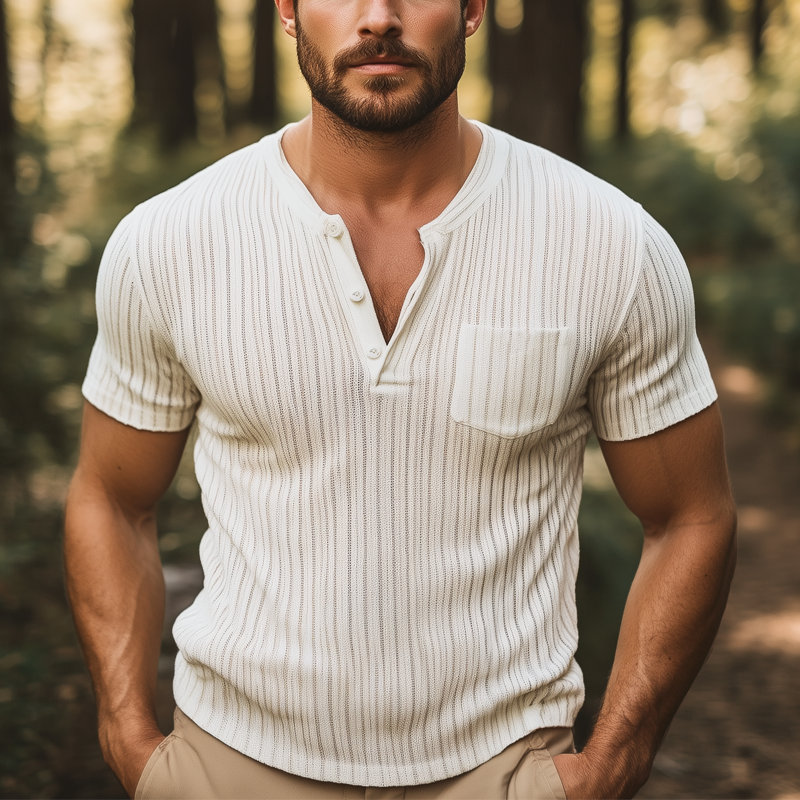 Matthew | Men'S Summer Basic Solid Color V-Neck Knitted Striped Short-Sleeved T-Shirt