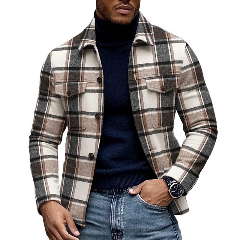 Asa® | Men's Casual Lapel Multi-pocket Blend Plaid Jacket MTA3033I5X