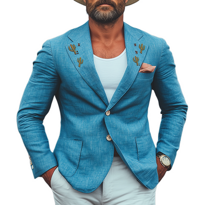 Patricio | Men'S Spring And Summer Casual American Western Tough Style Cactus Embroidered Blue Cotton And Linen Single-Breasted Blazer