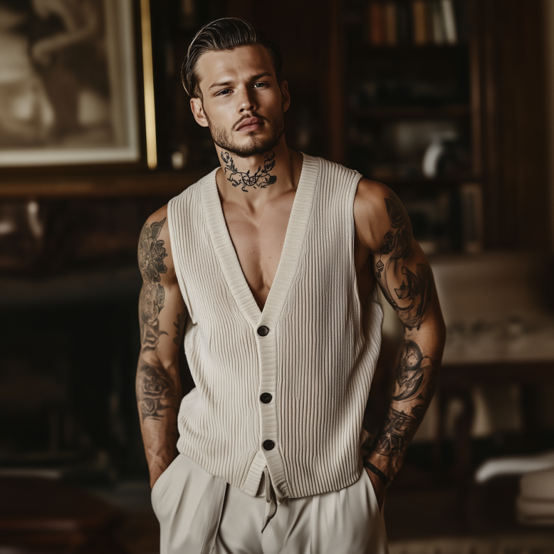 Dan | Men'S Casual Breathable Cotton Blended V-Neck Single-Breasted Loose Knitted Vest