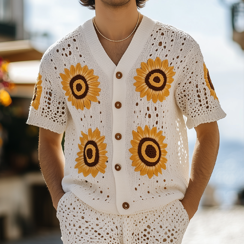 Julius | Men'S Spring And Summer Fashion Leisure Vacation Style Knitted Hollow Flower Short-Sleeved Shirt Elastic Waist Shorts Set