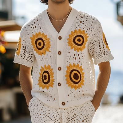 Julius | Men'S Spring And Summer Fashion Leisure Vacation Style Knitted Hollow Flower Short-Sleeved Shirt Elastic Waist Shorts Set