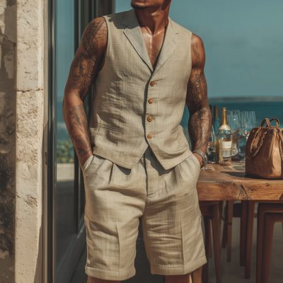 Tyrell | Men'S Casual Breathable Solid Color Cotton Linen Notched Lapel Single-Breasted Slim-Fit Suit Vest Shorts Set