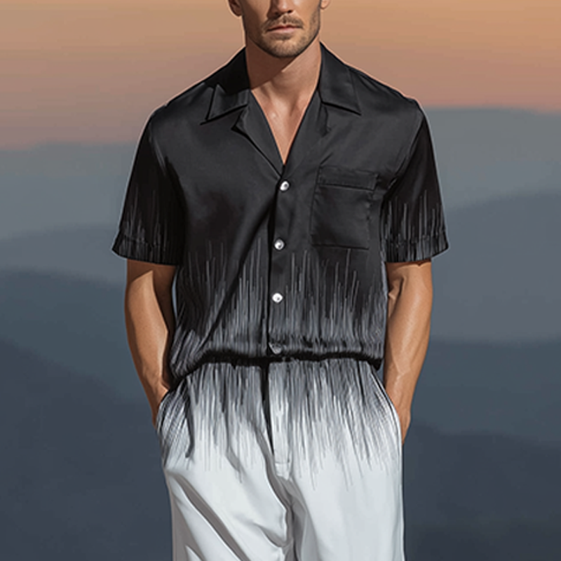 Wiley | Men'S Spring And Summer Fashion Casual Black And White Gradient Printed Satin Short Sleeve Shirt Pants Set
