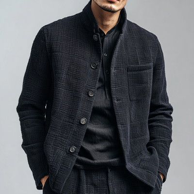 Men's Solid Textred Stand Collar Single Breasted Casal Jacket