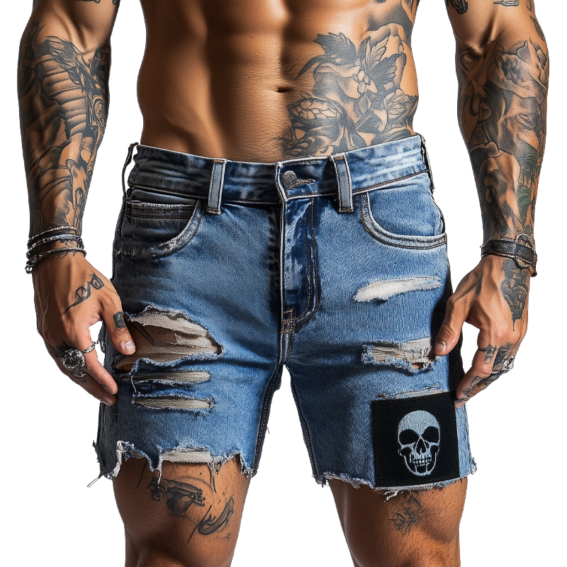Gary | Men'S Skull Pattern Patchwork Ripped Denim Shorts