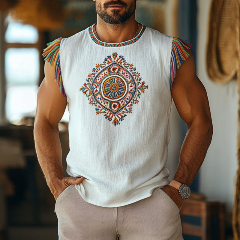 Donald | Men'S Bohemian Embroidered Tassel Cotton Linen Round Neck Slim Fit Tank Top