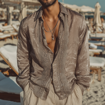 Benjamin | Men'S Casual Solid Color Tencel Patchwork Lace Lapel Loose Long Sleeve Shirt