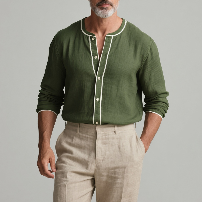 Jeremy | Men'S White Trim Round Neck Long Sleeve Cotton And Linen Shirt