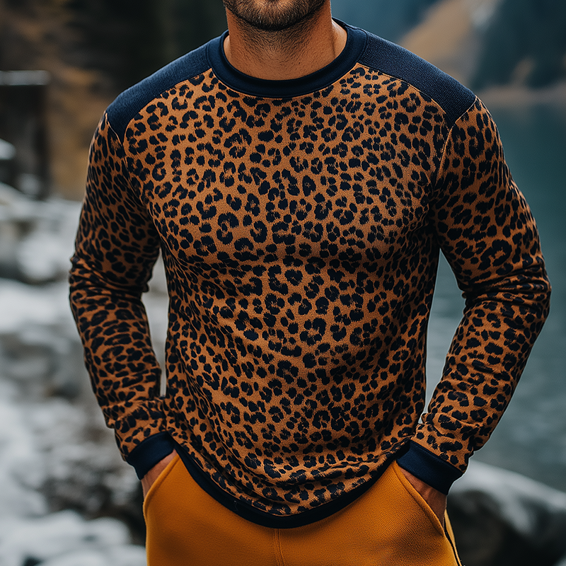 Anthony | Men'S Retro Casual Leopard Print Colorblock Round Neck Long Sleeve T-Shirt