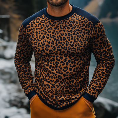 Anthony | Men'S Retro Casual Leopard Print Colorblock Round Neck Long Sleeve T-Shirt