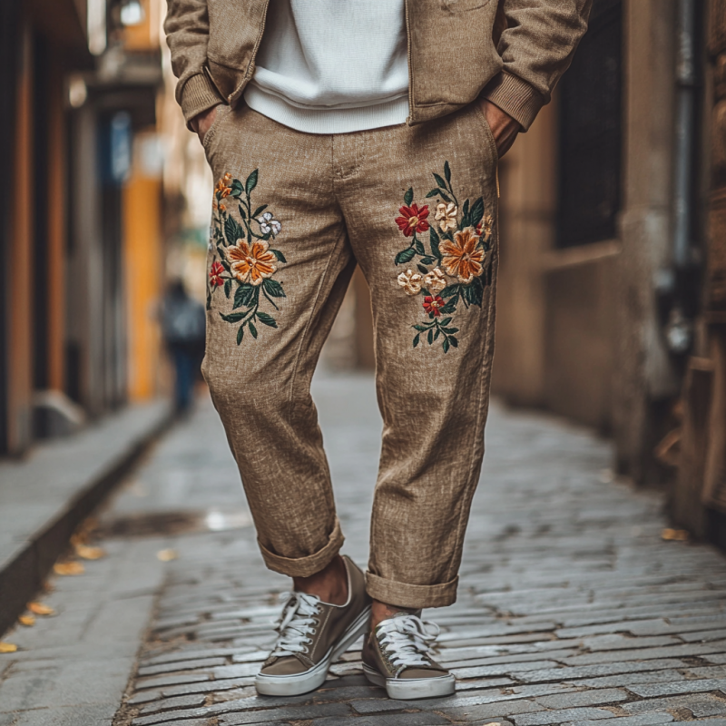 Chip | Men'S Vintage Elegant Flower Embroidery Breathable Linen Straight Pants