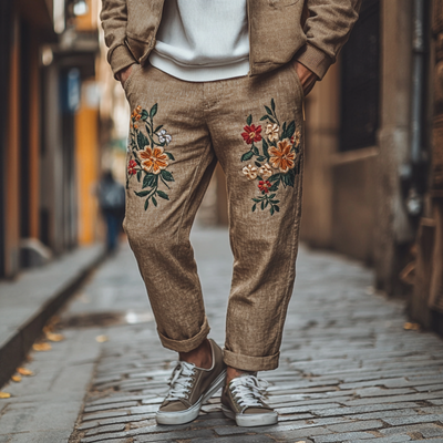 Chip | Men'S Vintage Elegant Flower Embroidery Breathable Linen Straight Pants