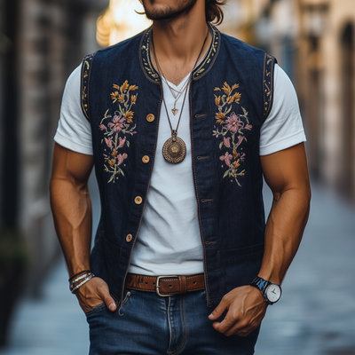 Devin | Men'S Casual Cotton Linen Stand Collar Single-Breasted Retro Flower Embroidered Slim Vest