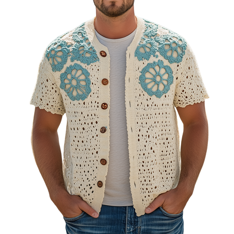 Lucas | Men'S Summer Fashion Casual Hollow Crochet Flower Knitted Short Sleeve Shirt