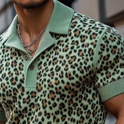 Men's Fashion Leopard Printnitted Short-sleeved Polo Shirt