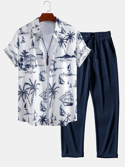 Claudio® | Island Sailing Print Button Up Shirt & Straight Leg Ribbed Pants