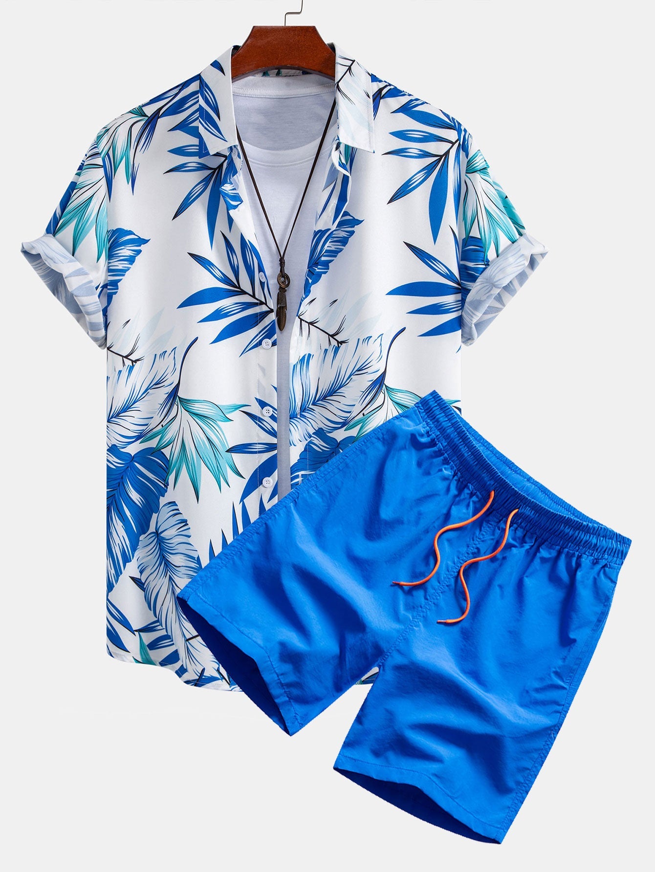 Klaus® | Tropical Leaves Print Button Up Shirt & Man Mid Length Drawstring Swim Shorts