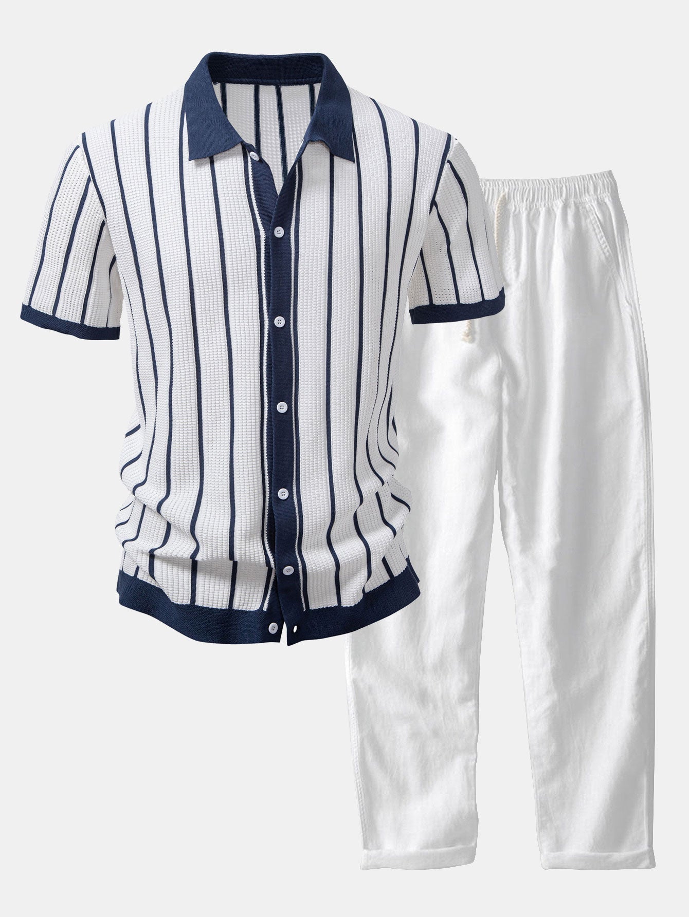 hola Striped knit shirt with buttons & straight linen pants