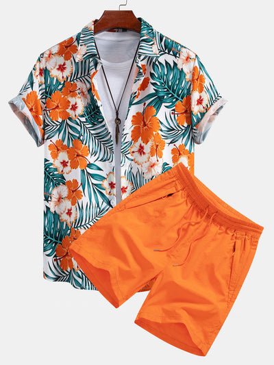 Kyle® | Tropical Flowers Print Button Up Shirt & Drawstring Swim Shorts