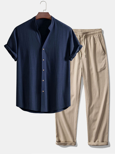 Doroteo® | Short Sleeve V Neck Linen Rayon Blend Shirt & Wrinkle Textured Straight Leg Pants