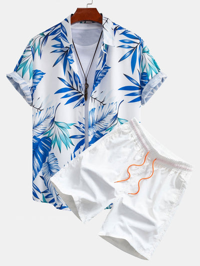 Klaus® | Tropical Leaves Print Button Up Shirt & Man Mid Length Drawstring Swim Shorts