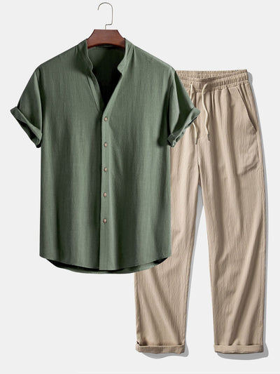 Doroteo® | Short Sleeve V Neck Linen Rayon Blend Shirt & Wrinkle Textured Straight Leg Pants