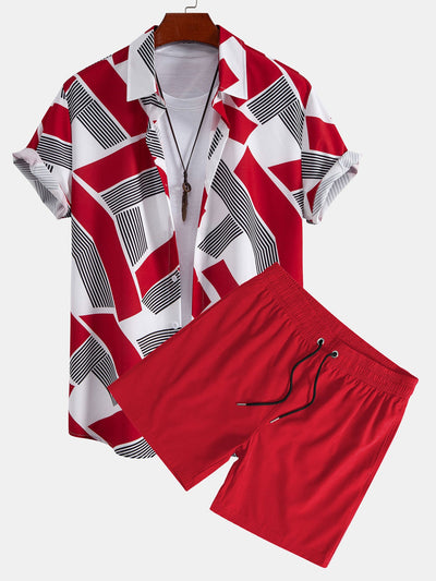 Román® | Color Block Geometry Print Button Up Shirt & Swim Shorts