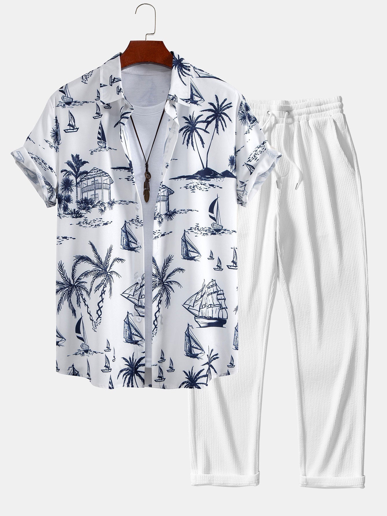 Claudio® | Island Sailing Print Button Up Shirt & Straight Leg Ribbed Pants