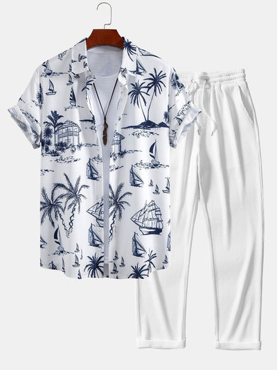 Claudio® | Island Sailing Print Button Up Shirt & Straight Leg Ribbed Pants