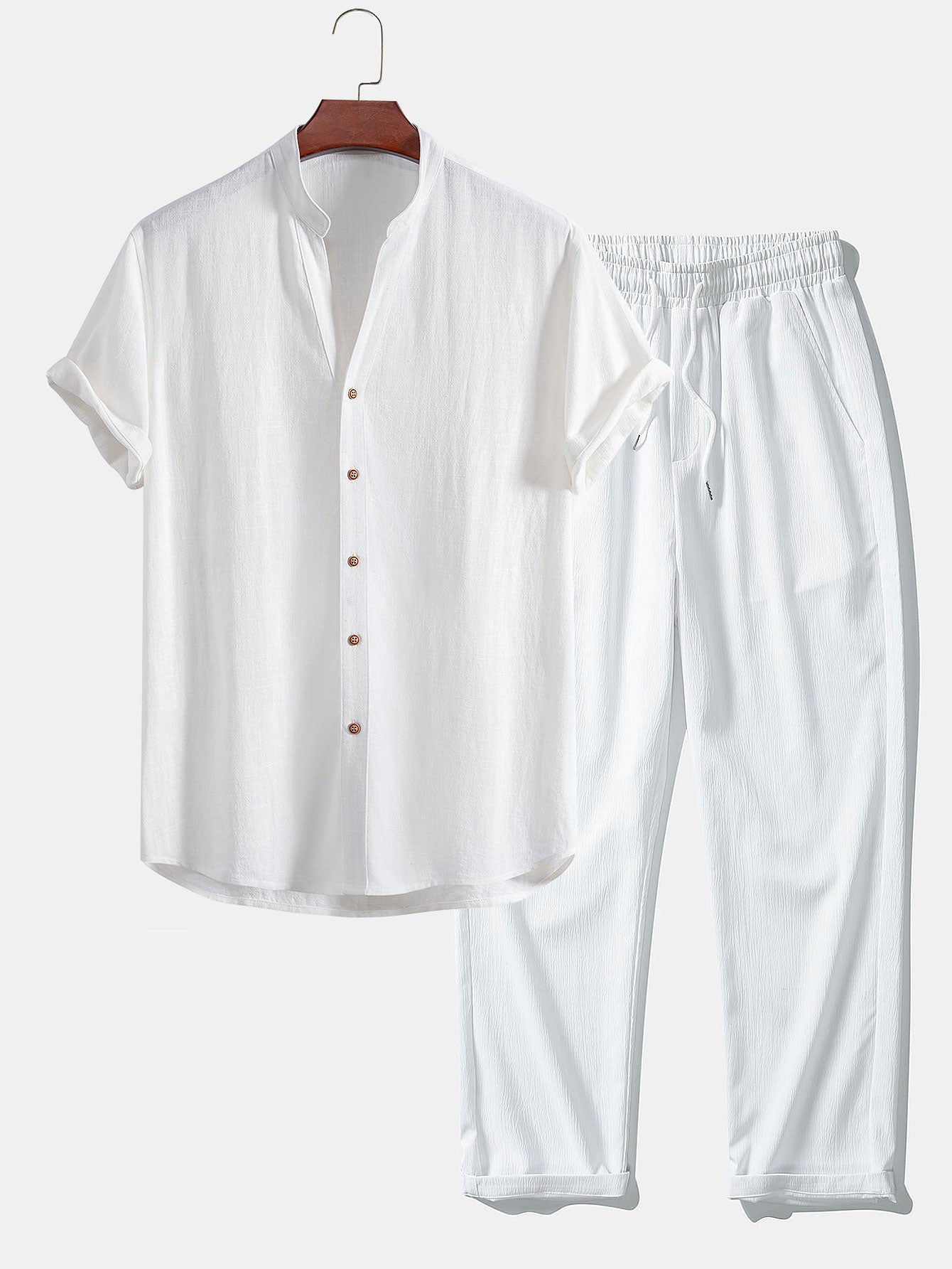 Eli® | Short Sleeve V Neck Linen Rayon Blend Shirt & Wrinkle Textured Straight Leg Pants