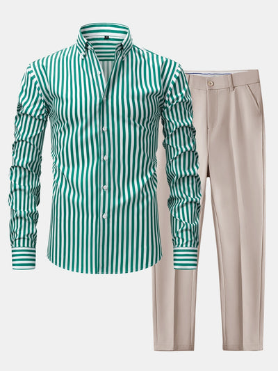 hola STRIPED LONG SLEEVE BUTTON-DOWN SHIRT & SLIM FIT WIDE LEG PANTS