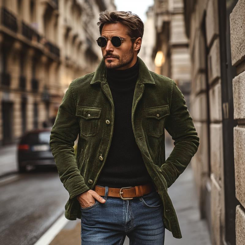 Men's Vine Cordroy Lapel Single Breastedid-Length Jacket