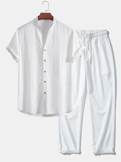 Doroteo® | Short Sleeve V Neck Linen Rayon Blend Shirt & Wrinkle Textured Straight Leg Pants