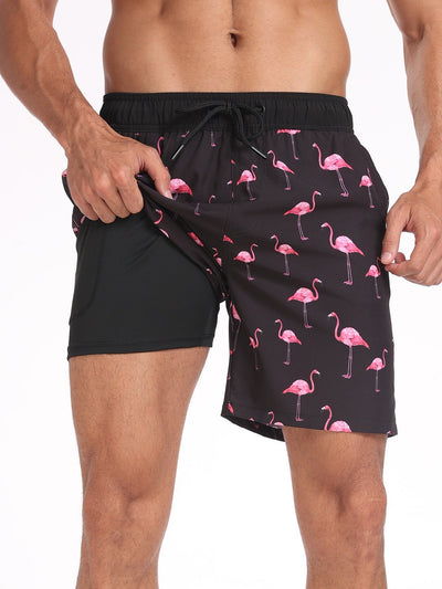 Ace® | 2 In 1 Flamingo Print Pocket Drawstring Swim Shorts