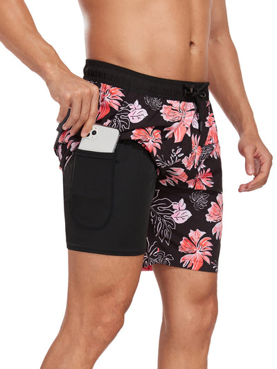 Adal® | 2 In 1 Tropical Flower Print Pocket Drawstring Swim Shorts