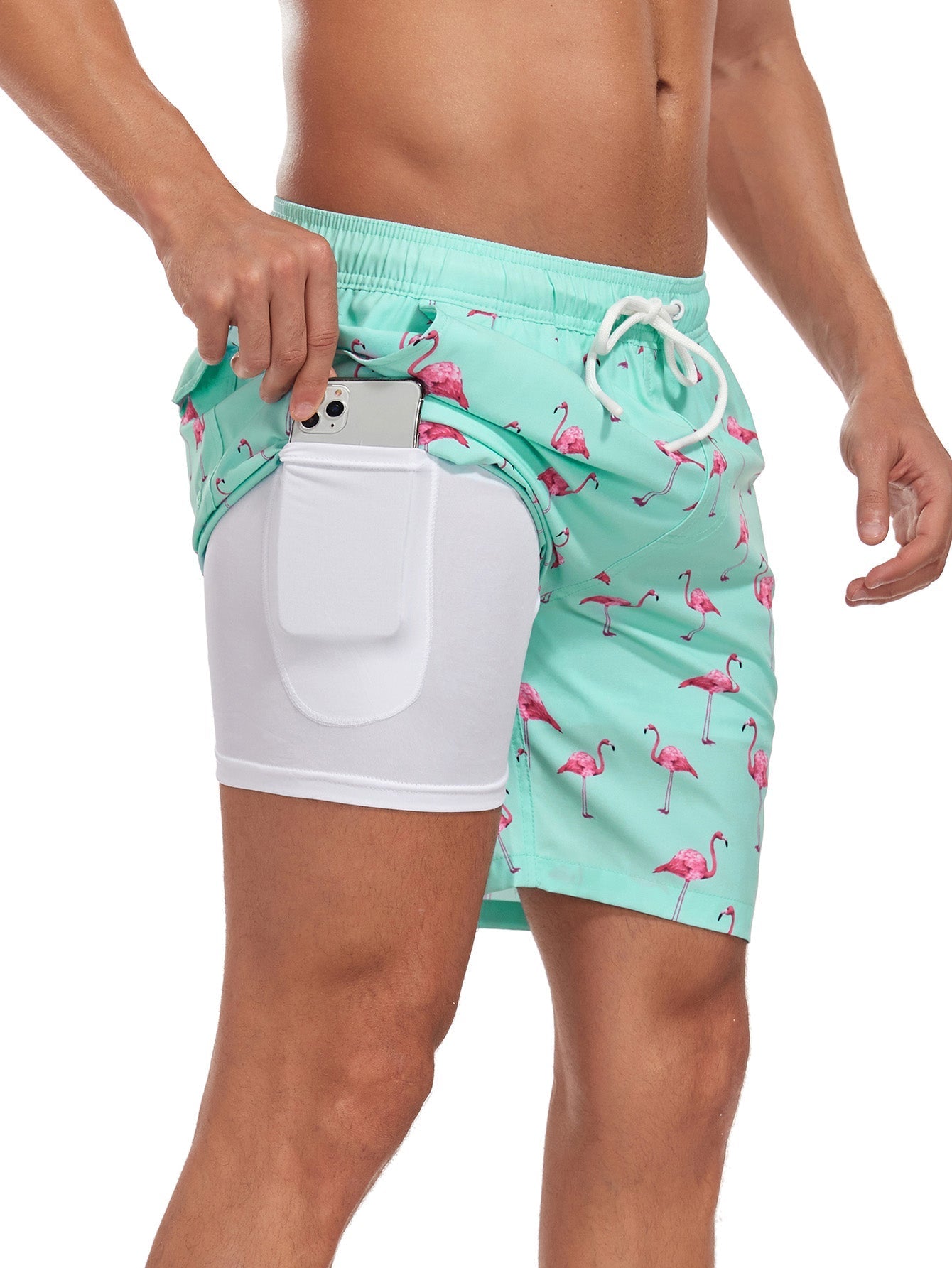 Acelin® | 2 In 1 Flamingo Print Pocket Drawstring Swim Shorts