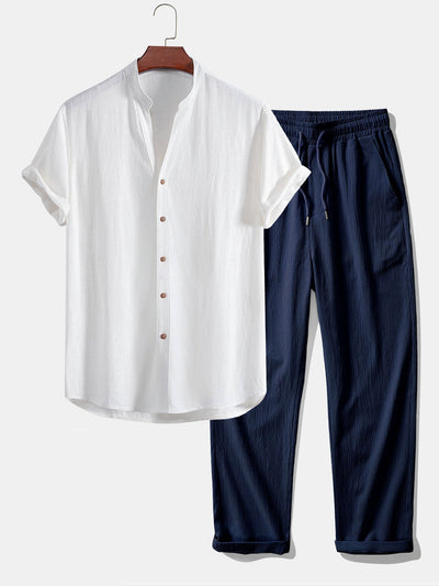 Doroteo® | Short Sleeve V Neck Linen Rayon Blend Shirt & Wrinkle Textured Straight Leg Pants