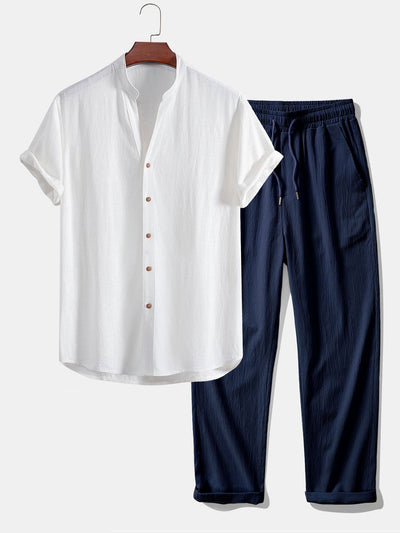 Eli® | Short Sleeve V Neck Linen Rayon Blend Shirt & Wrinkle Textured Straight Leg Pants