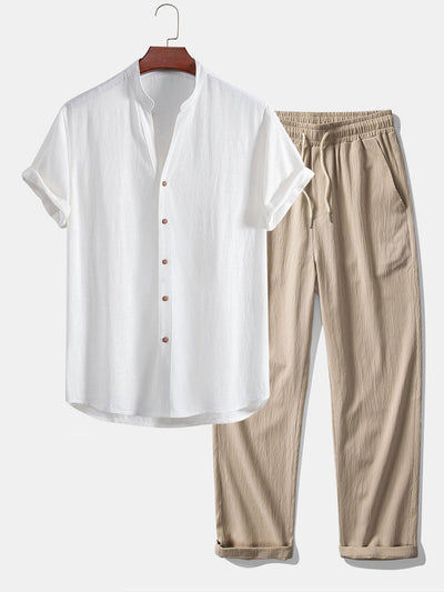 Doroteo® | Short Sleeve V Neck Linen Rayon Blend Shirt & Wrinkle Textured Straight Leg Pants