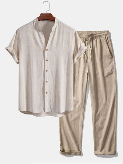 Doroteo® | Short Sleeve V Neck Linen Rayon Blend Shirt & Wrinkle Textured Straight Leg Pants