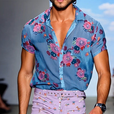Men's Retro Casalesh Printed Floral Lapel Short Sleeve Shirt