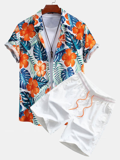 Maurice® | Tropical Flowers Print Button Up Shirt & Drawstring Swim Shorts